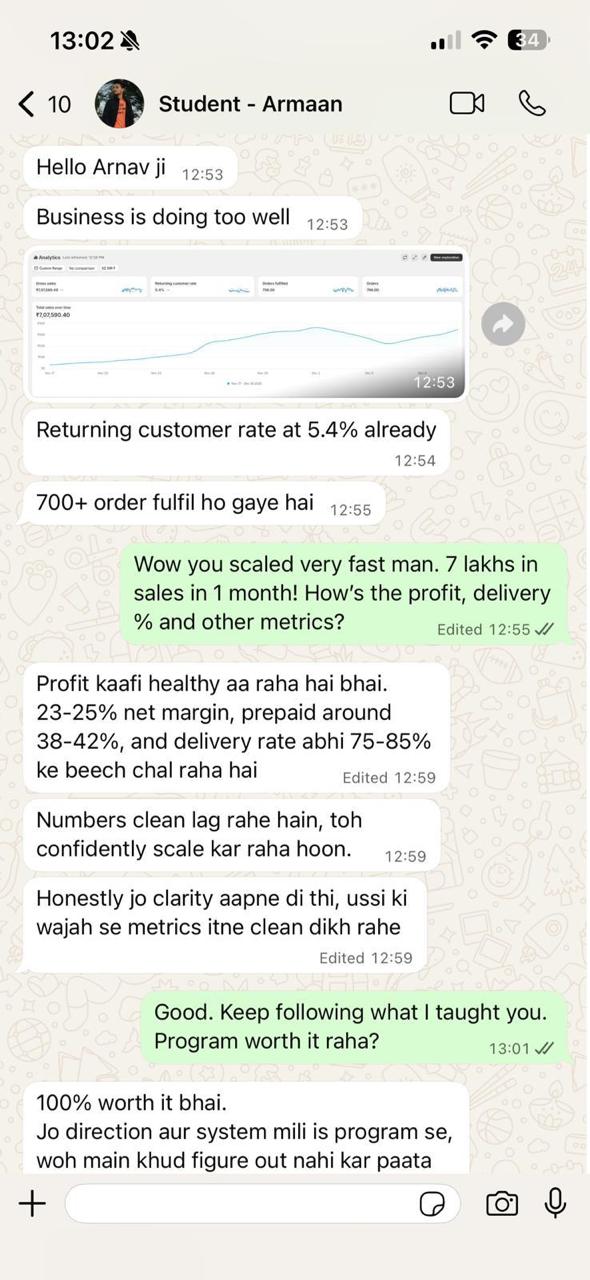 Armaan's WhatsApp messages showing 7 lakhs in sales in one month with 23-25% net margin