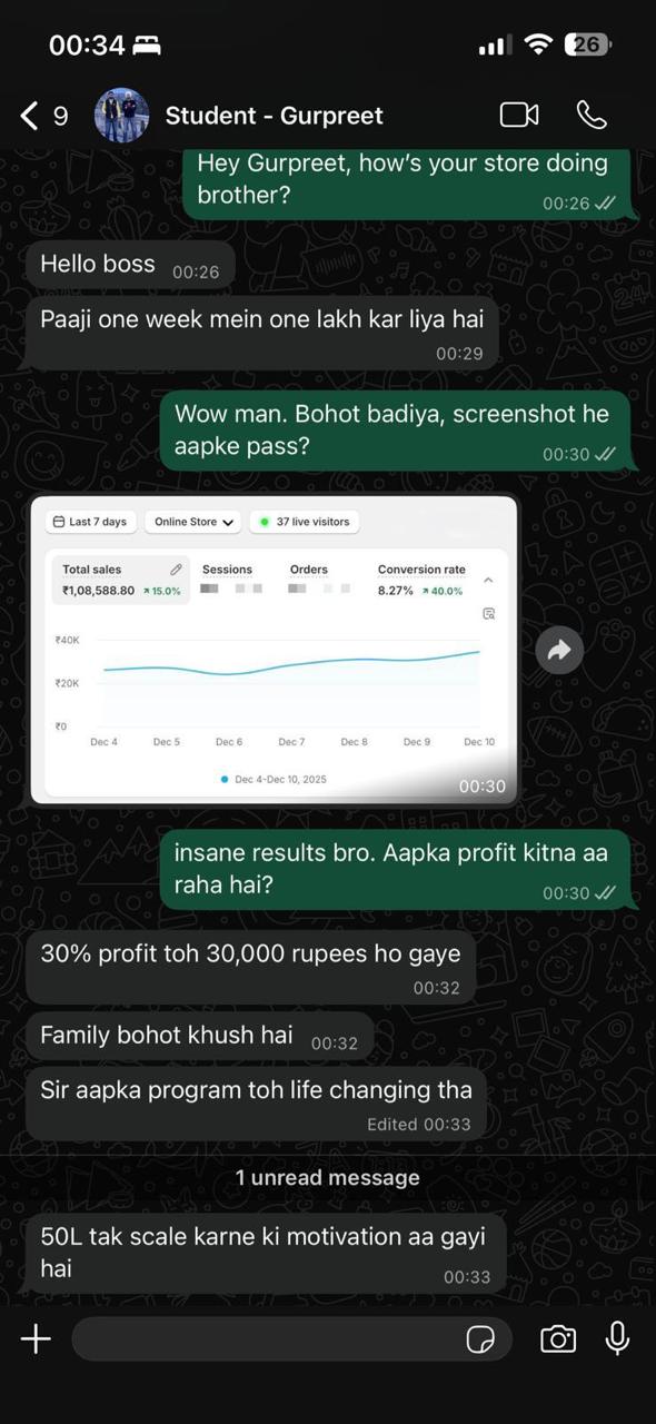 Gurpreet making one lakh in one week with 30% profit, screenshot of 1,08,588 in sales