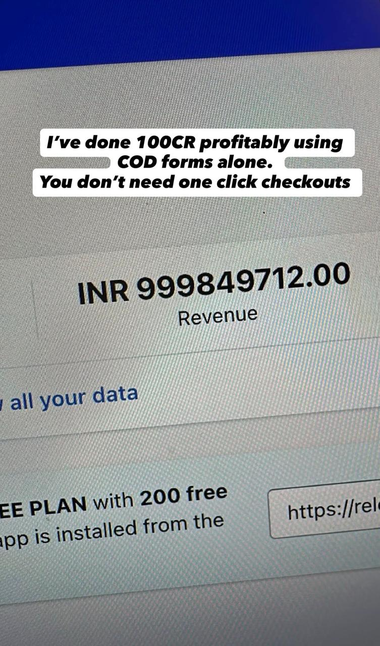Revenue report showing INR 999,849,712 lifetime revenue from COD forms